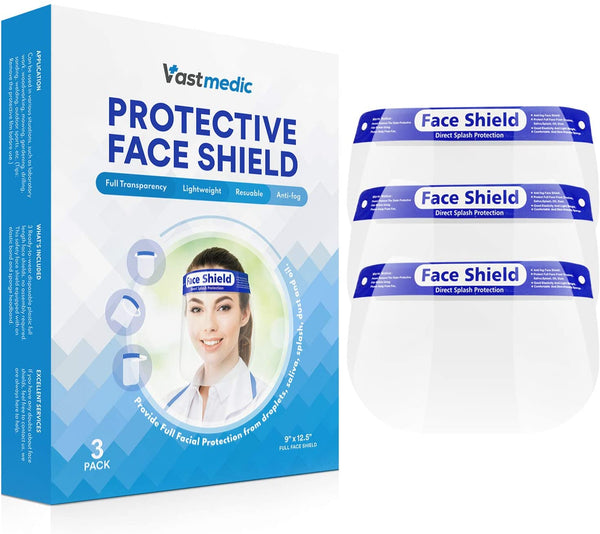 VastMedic 3 Pack Reusable Face Shields with Anti-Fog Coating
